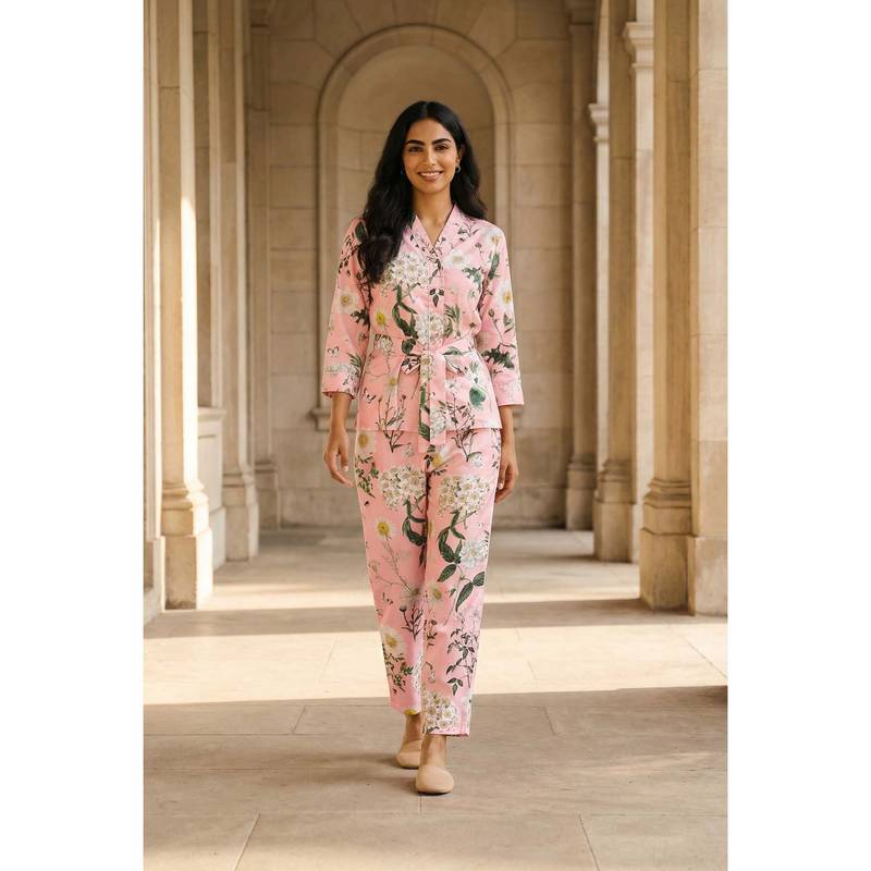 SANSKRUTIHOMES Pink V-Neck Floral Print Satin Night Suit for Women (M)