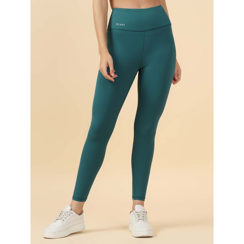 Fitkin Women Teal High-Waist Core Tights with 4-Way Stretch (S)