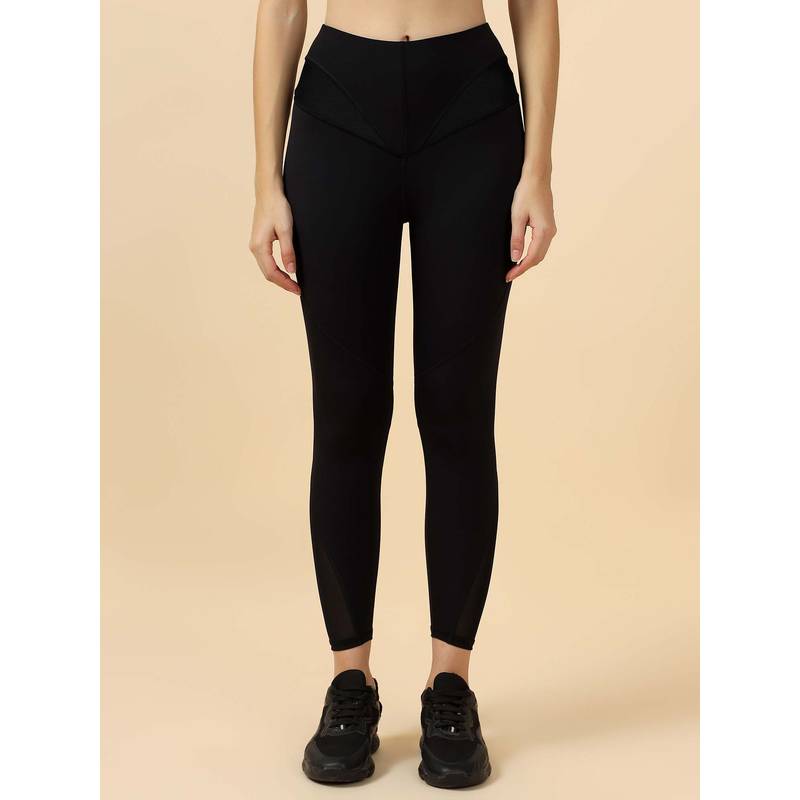 Fitkin Women Black High-Waist Tights with Mesh Waist Panels (S)