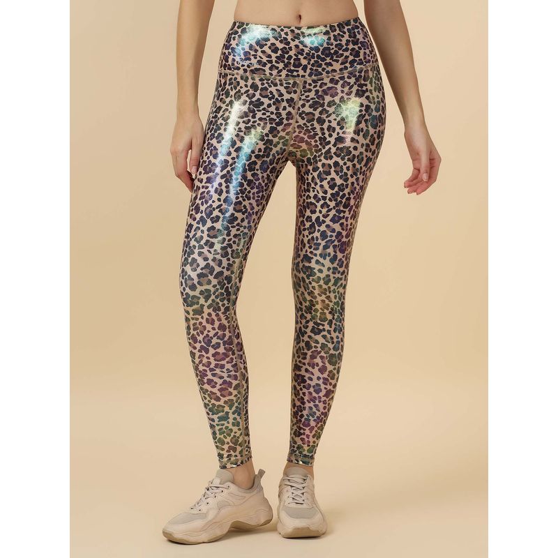 Fitkin Beige Lux Panther Glow Stretch Fit Tights (M)