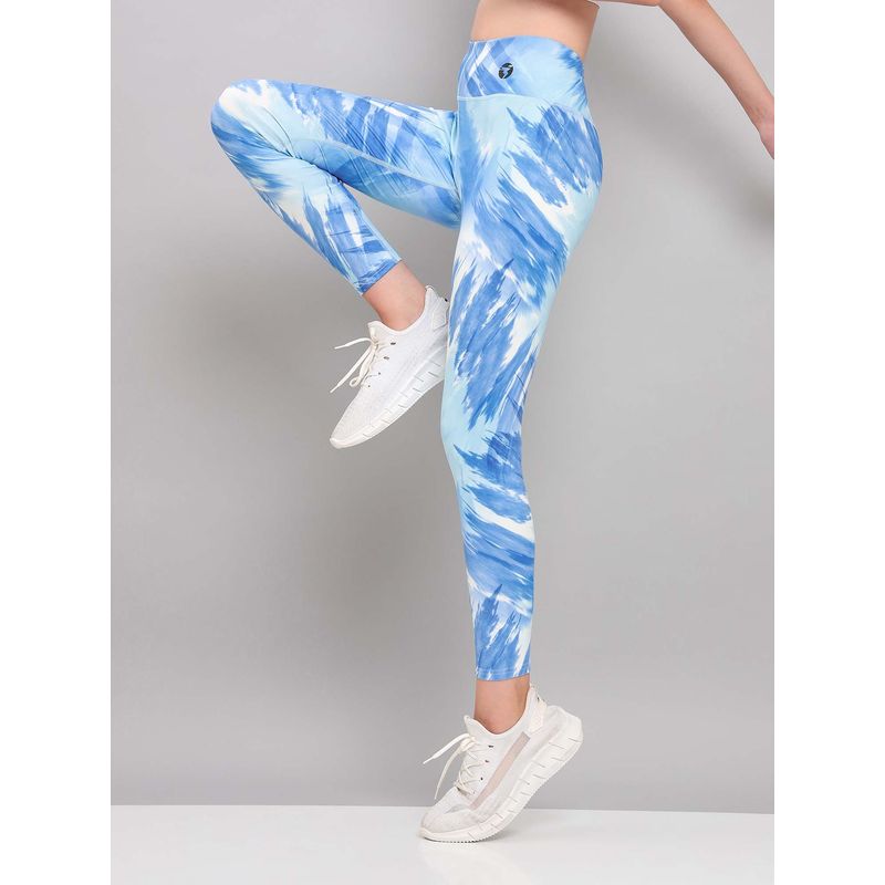 Technosport Blue Women Printed Slim Fit Sports Tights with Elastic Plus for Workout Wear (S)