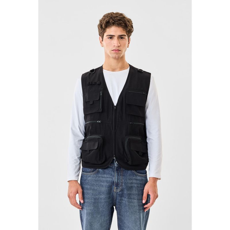 Snitch Black Plain Sleeveless Regular Casual Jacket for Men (M)