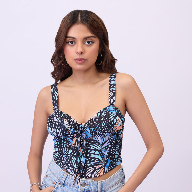Black Floral Printed Fitted Strappy Corset Top (XS)