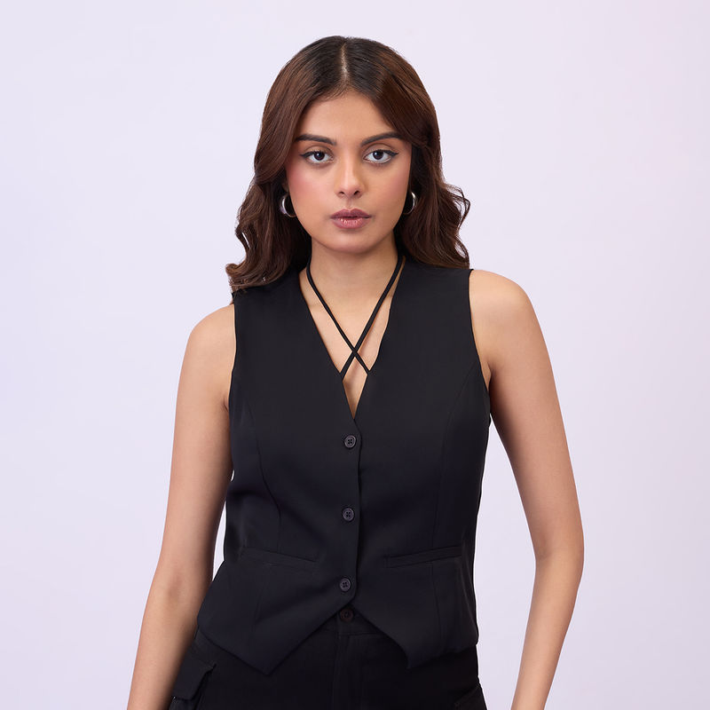 MIXT by Nykaa Fashion Black Solid V Neck Halter Strap Crop Waist Coat (S)