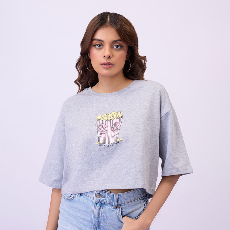 MIXT by Nykaa Fashion Grey Graphic Print Crew Neck Crop Top (L)