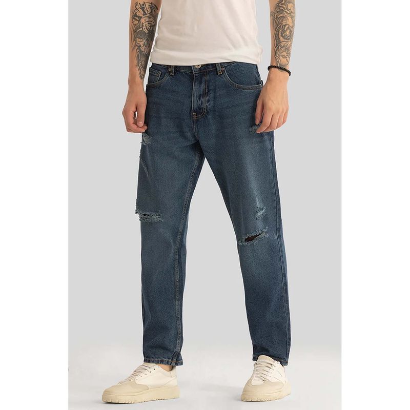 Snitch Vault Navy Blue Distressed Baggy Fit Jeans (34)