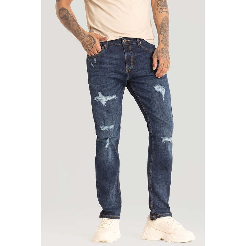 Snitch Navy Blue Distressed Comfort Fit Jeans (34)