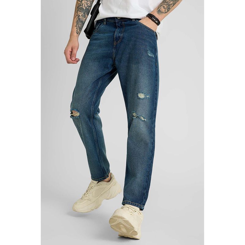 Snitch Dark Blue Distressed Baggy Fit Jeans (34)