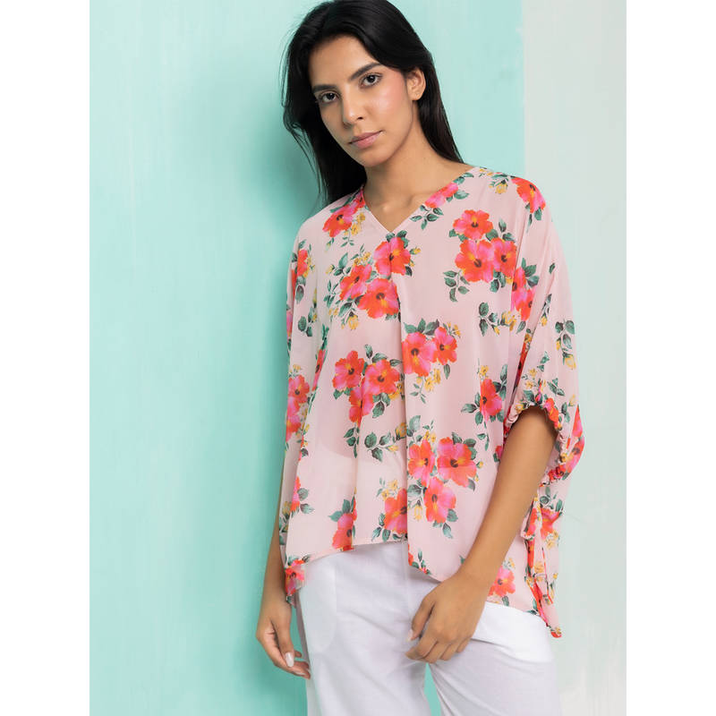 AOBA Women Pink Floral Georgette Beachwear Top (S)