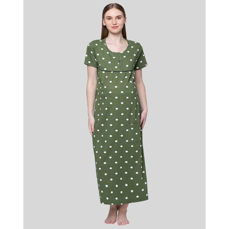 Kryptic Women Green Pure Cotton Printed Maternity Night Dress (M)