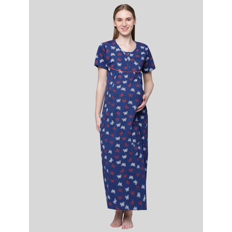Kryptic Women Navy Blue Pure Cotton Printed Maternity Night Dress (S)