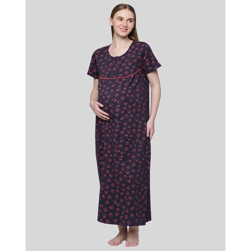 Kryptic Women Navy Blue Pure Cotton Printed Maternity Night Dress (M)