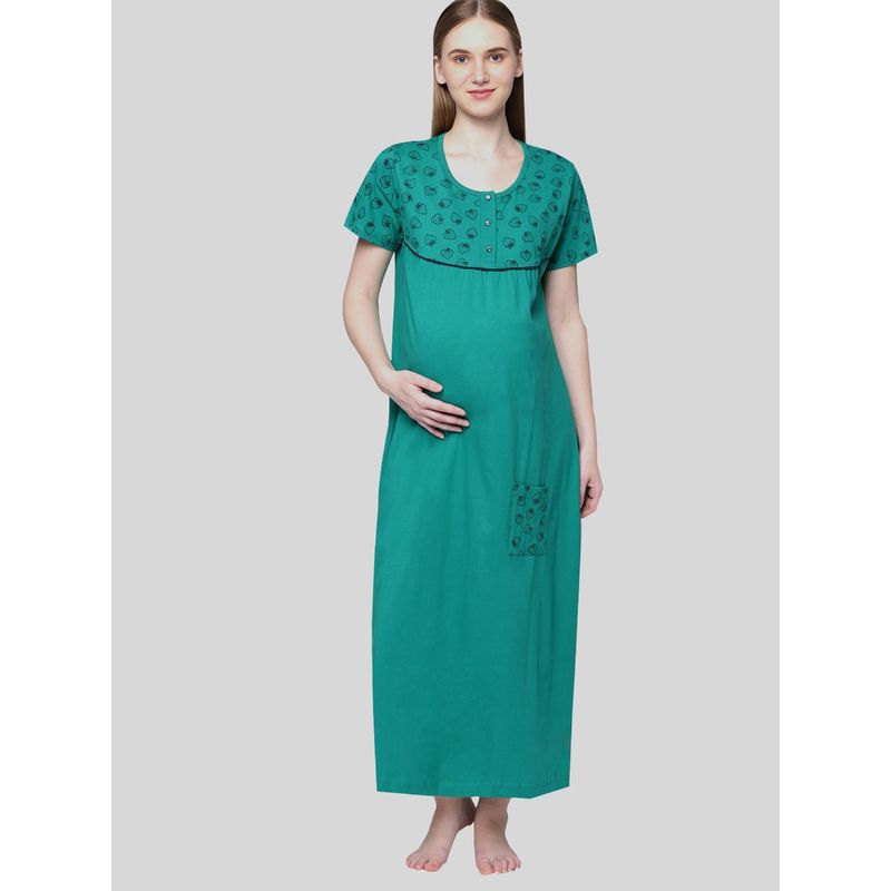 Kryptic Women Sea Green Pure Cotton Printed Maternity Night Dress (M)