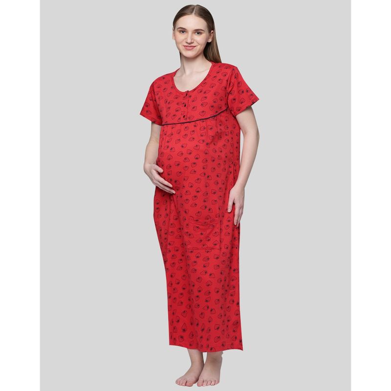 Kryptic Women Red Pure Cotton Printed Maternity Night Dress (M)