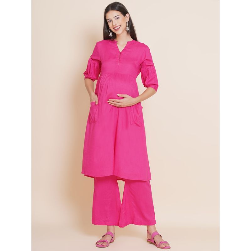 Mine4Nine Pink Solid Rayon Maternity Kurta with Pant (Set of 2) (M)