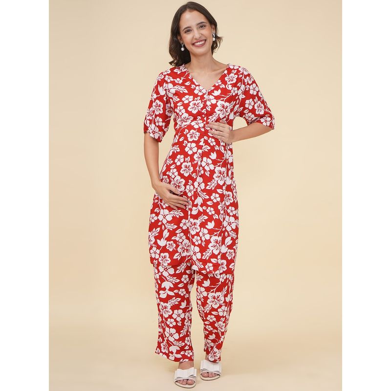 Mine4Nine Red Floral Printed Rayon Maternity Kurta with Pant (Set of 2) (M)