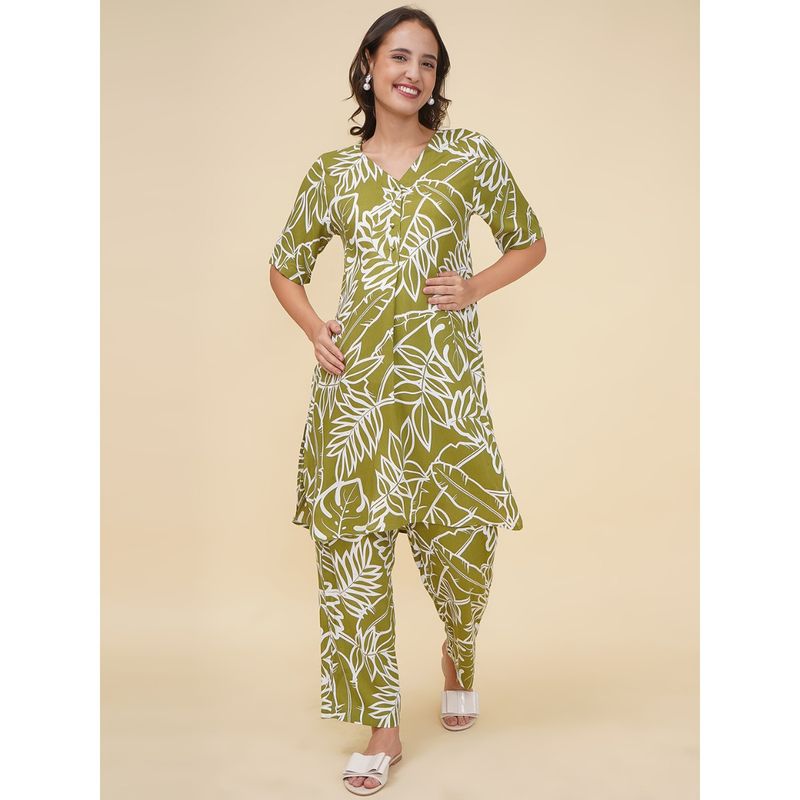 Mine4Nine Olive Floral Printed Rayon Maternity Kurta with Pant (Set of 2) (L)