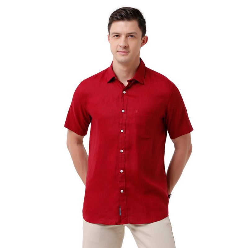 Linen Club Men's Pure Linen Red Solid Regular Fit Half Sleeve Casual ...
