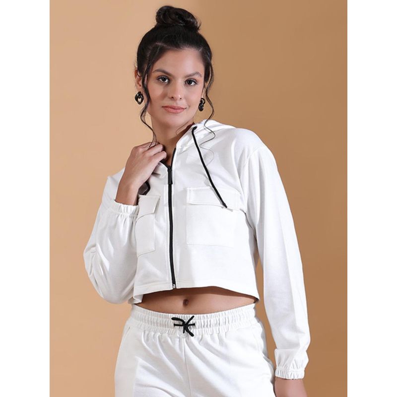 Aesthetic Bodies White Zipper Hooded Patch Pocket Sweatshirt (XS)