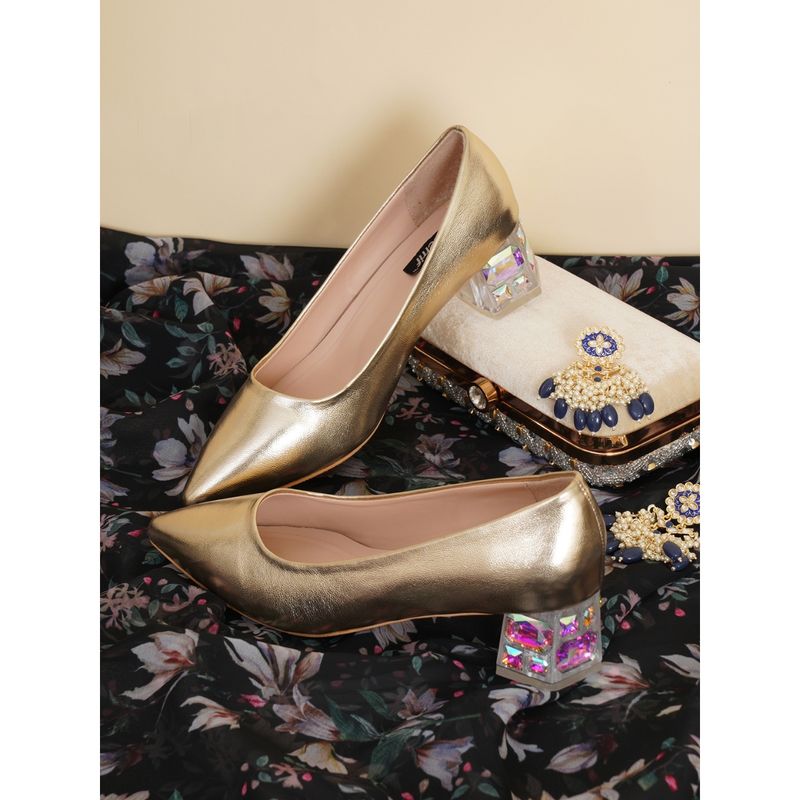 Sherrif Shoes Womens Golden Block Heel Pumps (EURO 40)