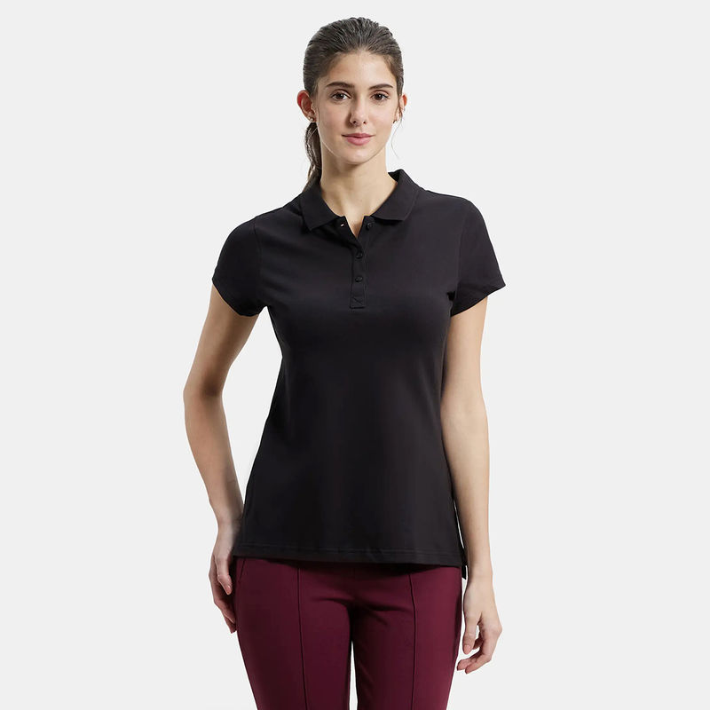 Jockey UL34 Womens Super Combed Cotton Elastane Printed Polo T-Shirt - Black (S)