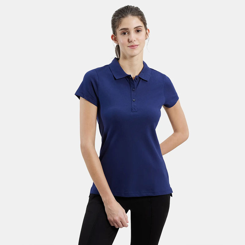 Jockey UL34 Womens Super Combed Cotton Elastane Printed Polo T-Shirt - Imperial Blue (S)