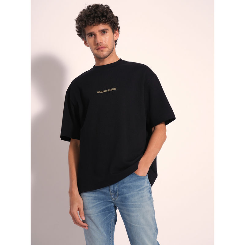 Selected Men Black Ribbed Logo Print T-Shirt (XS)