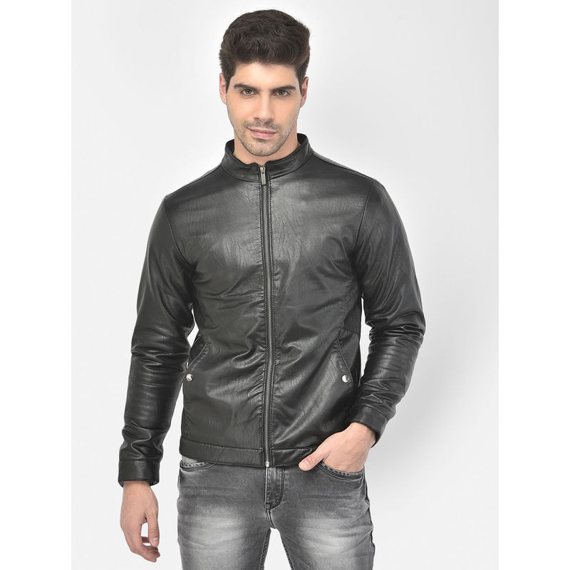 CRIMSOUNE CLUB Mens Black Solid Pu Leather Jacket (3XL) (3XL)