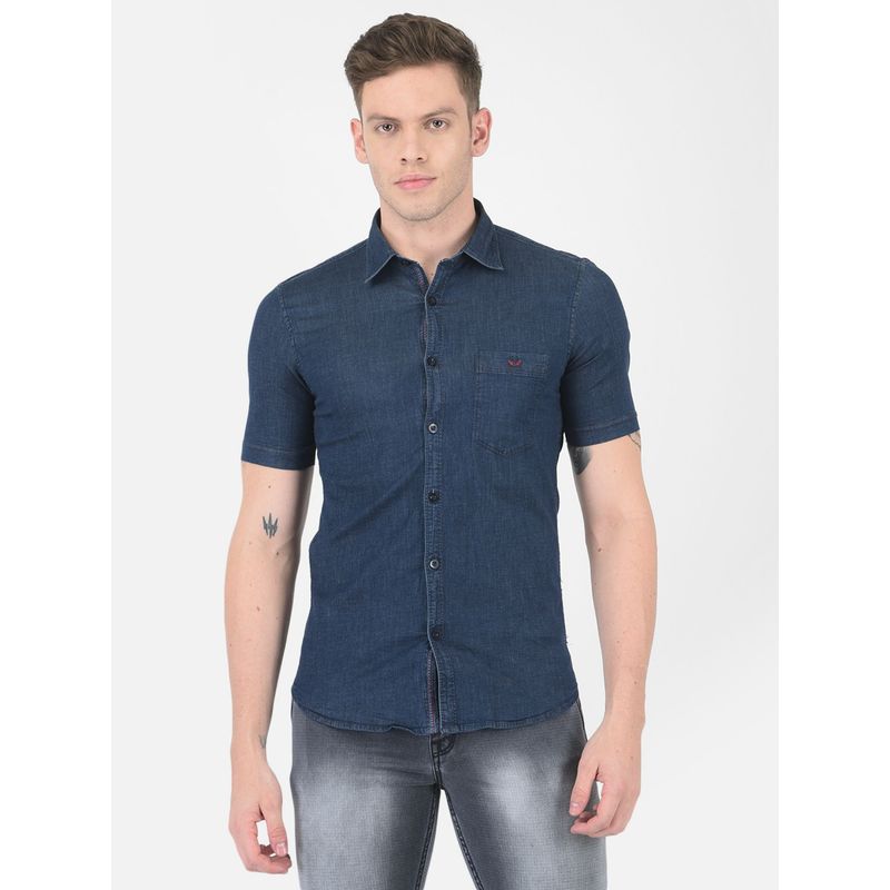 CRIMSOUNE CLUB Men Navy Blue Solid Denim Shirt (M) (M)