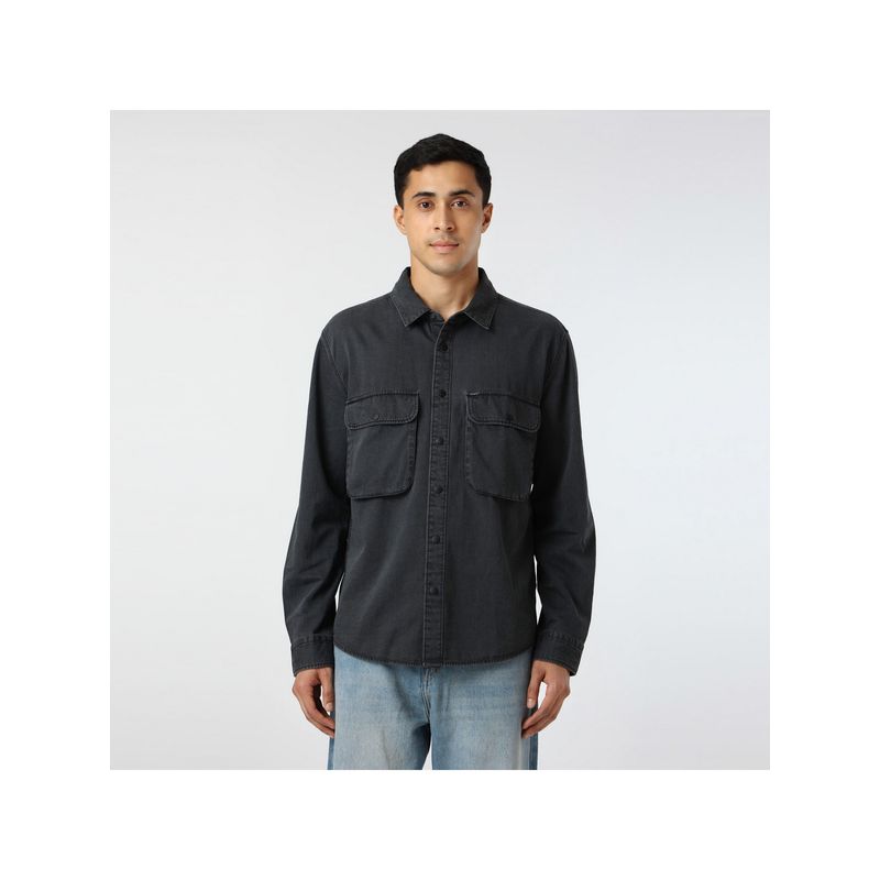 Pepe Jeans Men Grey Double Pocket Full Sleeve Denim Shirt (M)