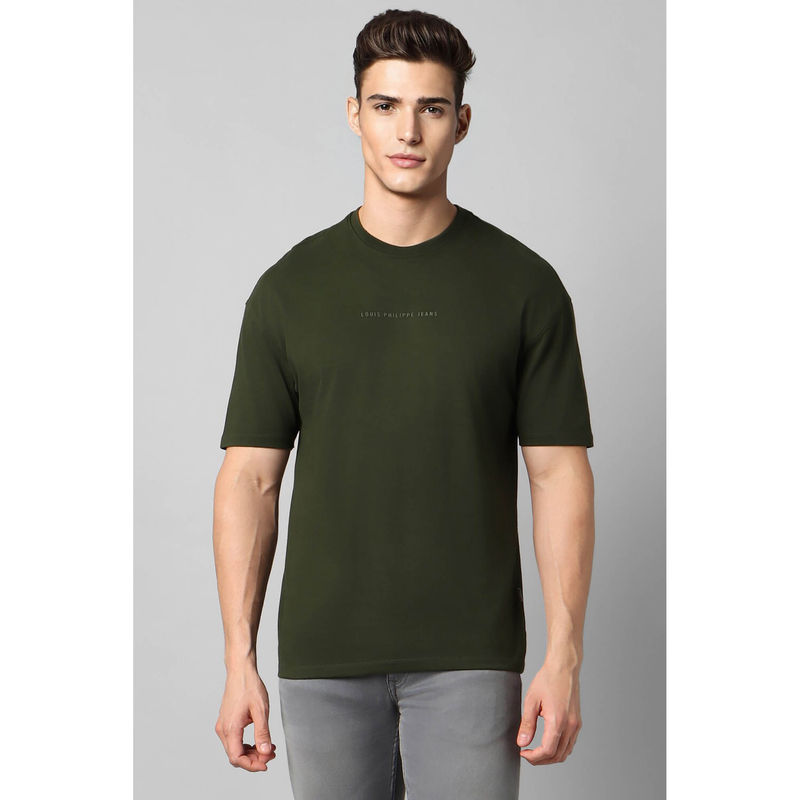 Louis Philippe Men Green Solid Crew Neck T-Shirt (L)