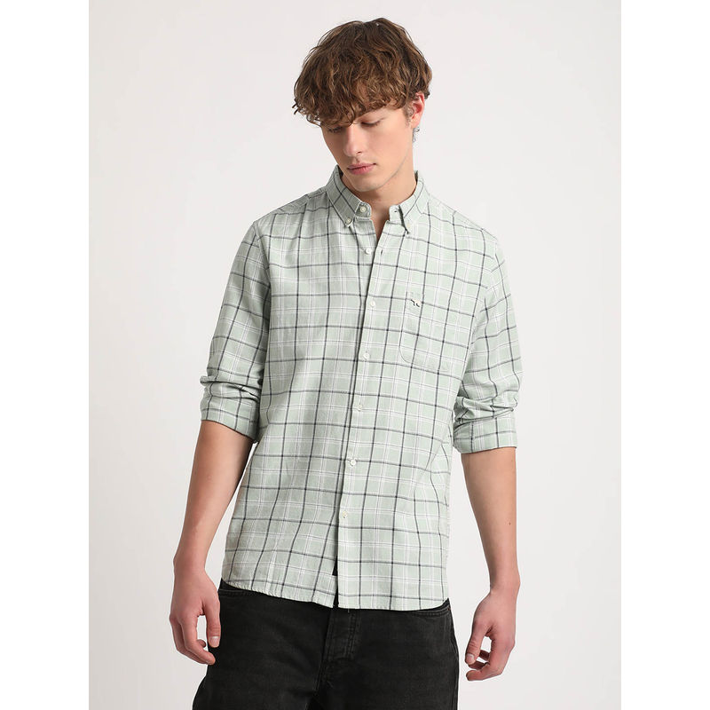 The Bear House Men Green Checked Slim Fit Cotton Casual Shirt (S)