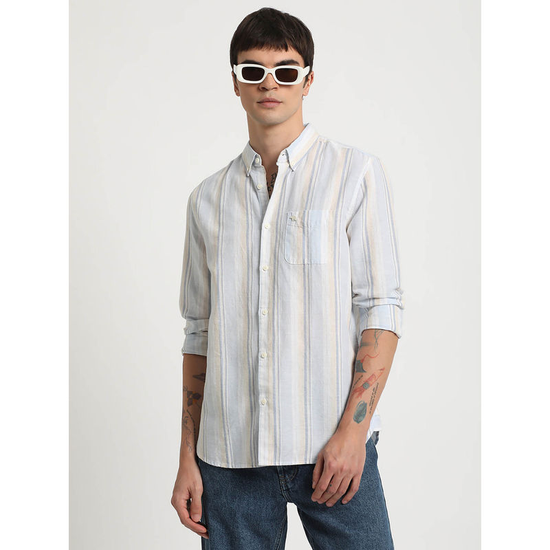 The Bear House Men Blue Striped Slim Fit Cotton Linen Casual Shirt (L)