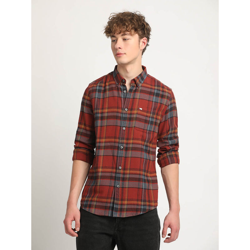 The Bear House Men Rust Checked Slim Fit Flannel Cotton Casual Shirt (S)