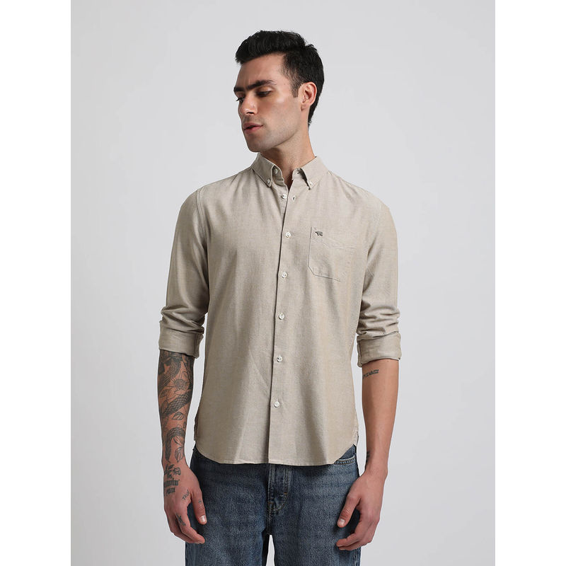 The Bear House Men Beige Solid Slim Fit Cotton Casual Shirt (L)