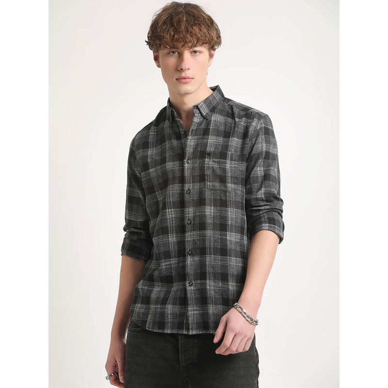 The Bear House Men Grey Checked Slim Fit Cotton Casual Shirt (M)
