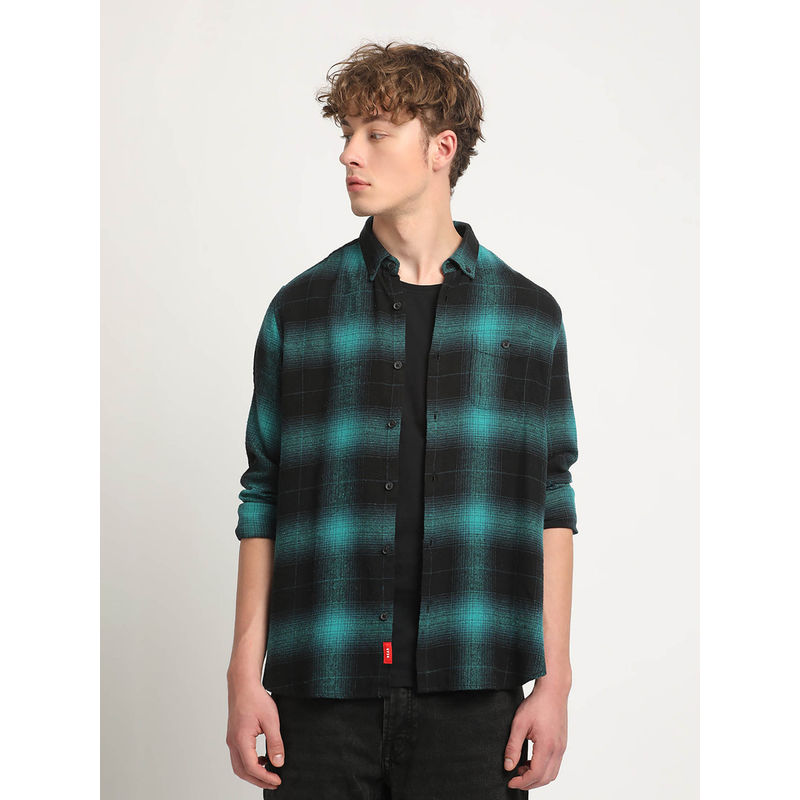 The Bear House Men Teal Checked Slim Fit Flannel Cotton Casual Shirt (M)