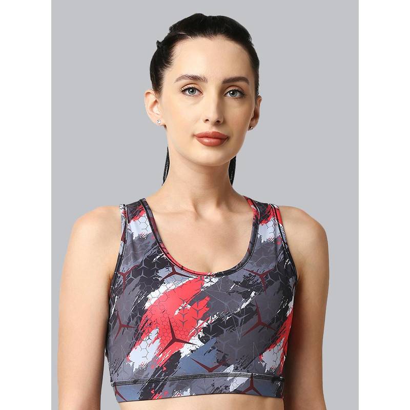 SOIE Medium Impact Quick Dry Racerback Printed Athleisure Sports Bra-Multi-Color (M)