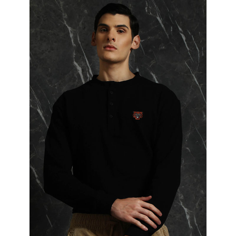 BREAKBOUNCE Black Full Sleeve Henley Neck Relaxed Fit T-Shirt (XS)