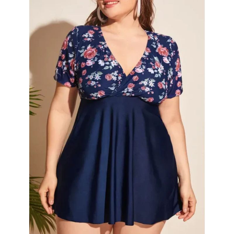WomanLikeU Blue Plus Size Swim Dress with Bikini Bottoms (L)