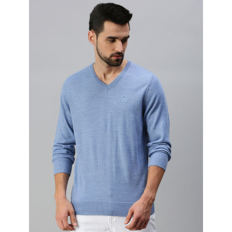 98 Degree North Men Sky Blue Solid Pullover Sweater (L)