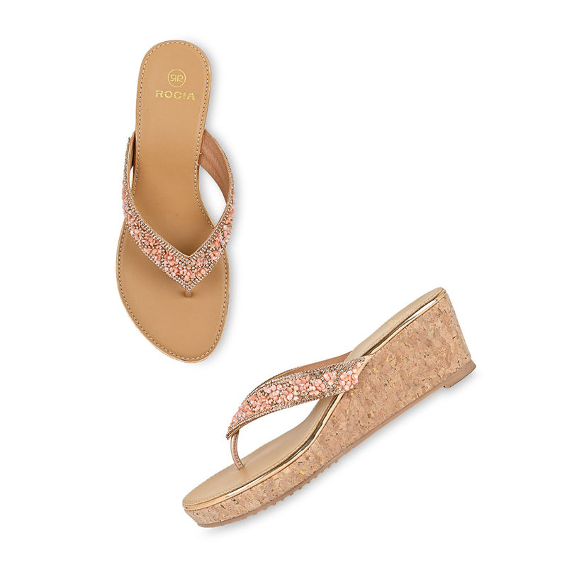 ROCIA Regal Rose Gold Women Embroidered Thong Wedges (EURO 36)
