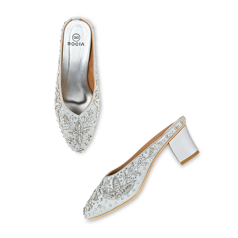 ROCIA Regal Silver Women Embroidered Mules With Heels (EURO 36)