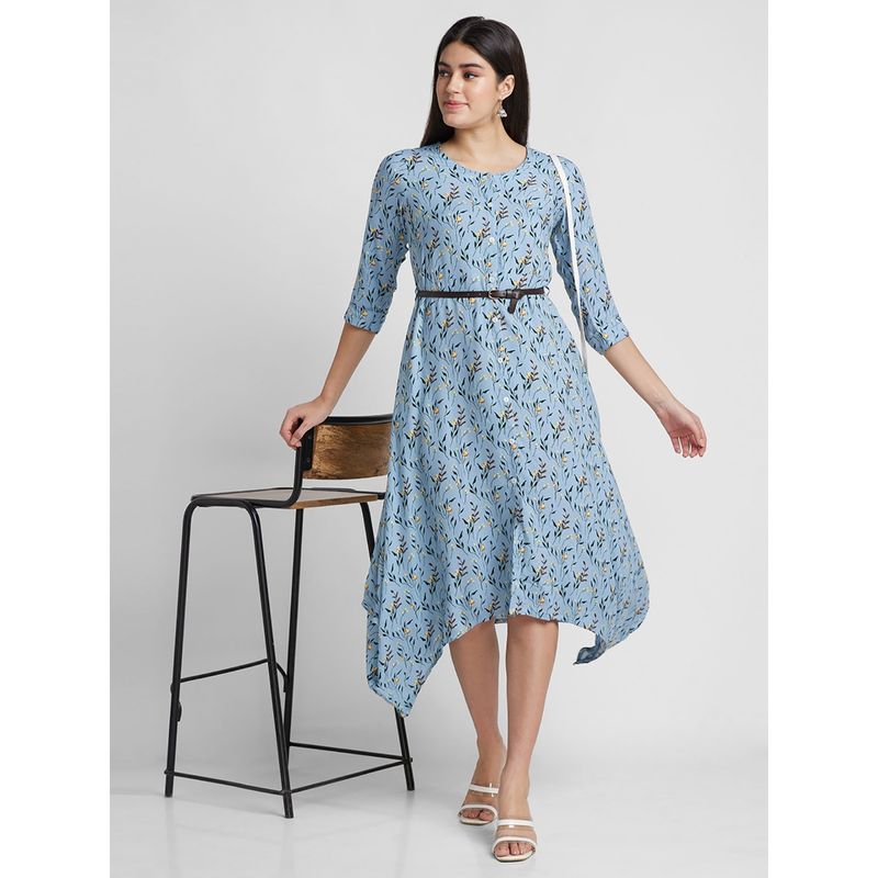 Globus Women Blue Printed Round Neck A-Line Belted Midi Dress (Set of 2) (XS)
