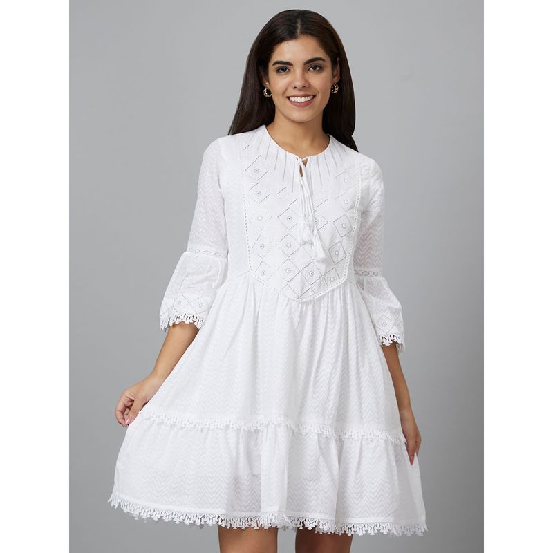 Globus Women Ivory Embroidered A-Line Dress (L)