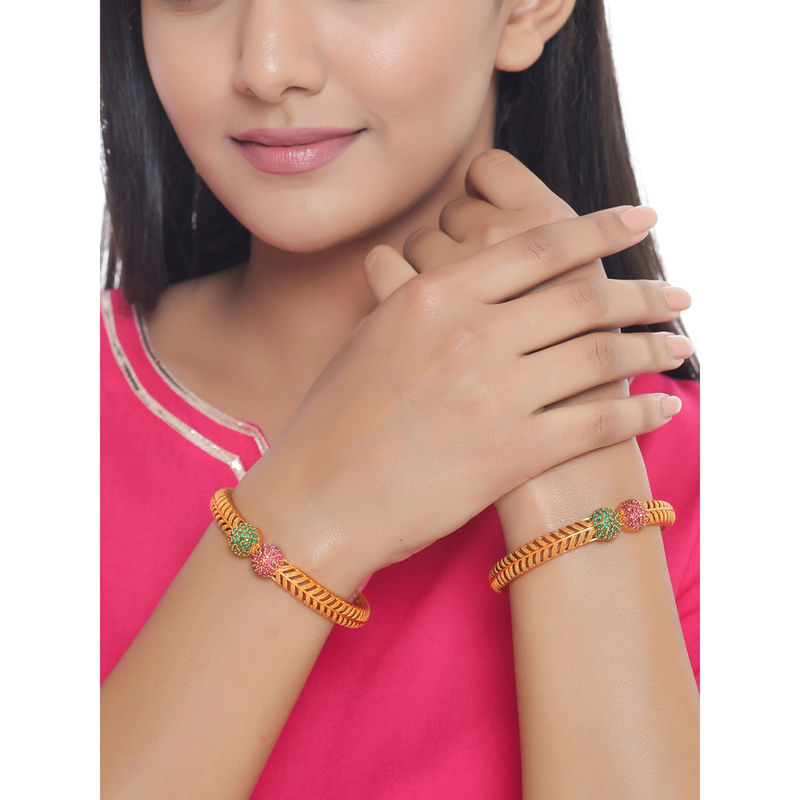 SHOSHAA Gold-Plated Pink & Green Color Stone-Studded Handcrafted Bangles 1 (2.4)