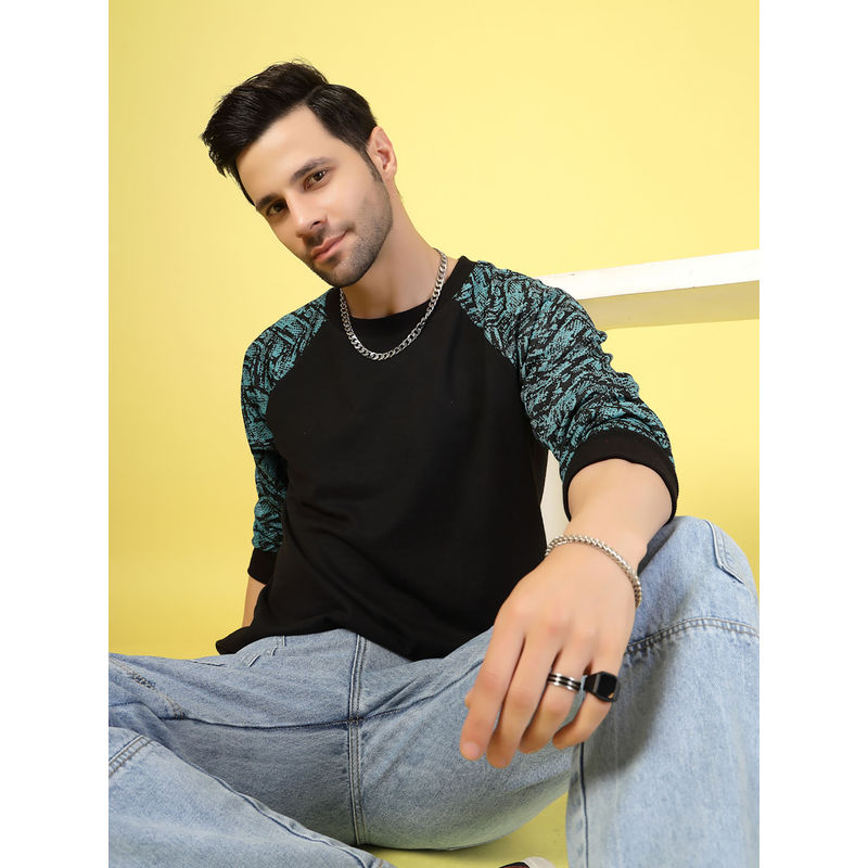 RIGO Men Teal Jacquard Colorblocked Sweatshirt (M)