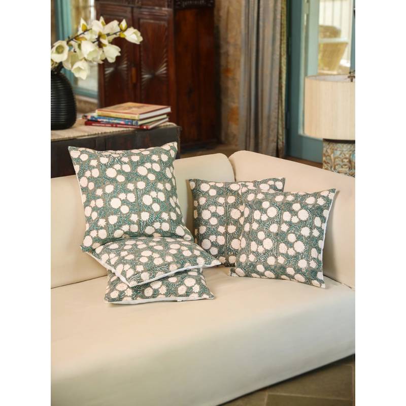 SANSKRUTIHOMES Grey Floral Cotton Cushion Cover (Set Of 5) (16x16 inches)