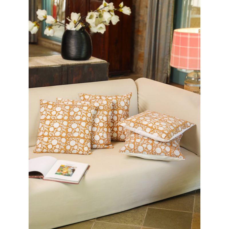 SAY Mustard Floral Cotton Cushion Cover (18x18 inches)