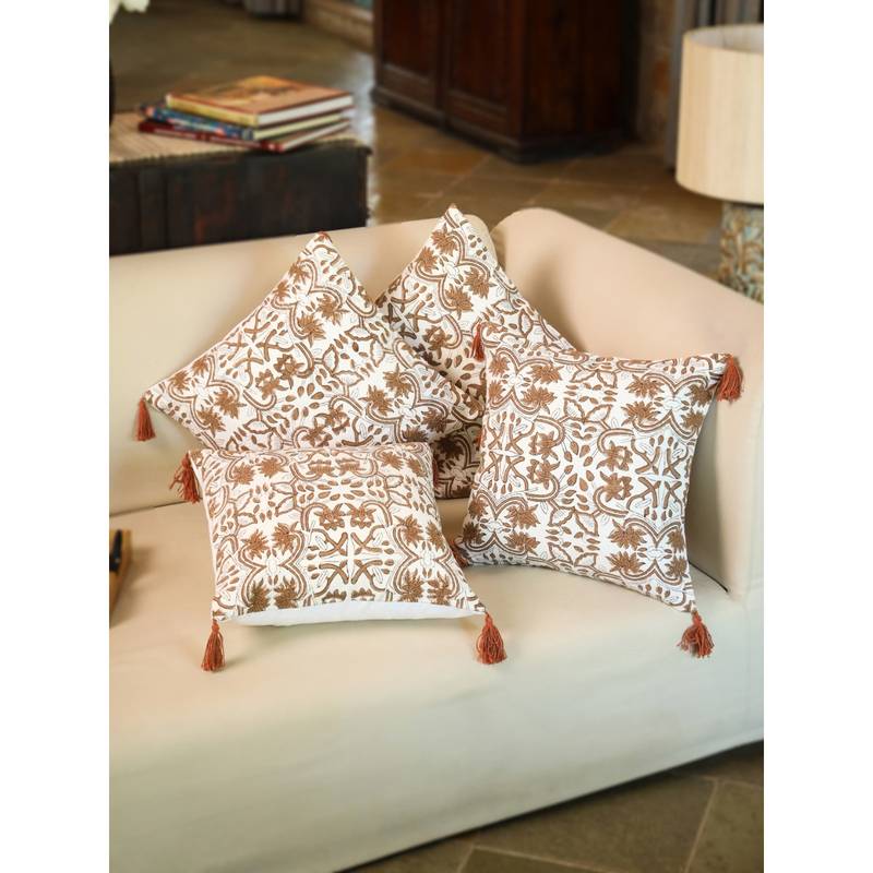 SANSKRUTIHOMES White Ethnic Cotton Cushion Cover (18x18 inches)